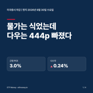 미국증시 마감 현지 9월 30일 표지. 물가는 식었는데 다우는 444포인트 빠졌다. 근원 PCE 3.0%, 나스닥 +0.24%